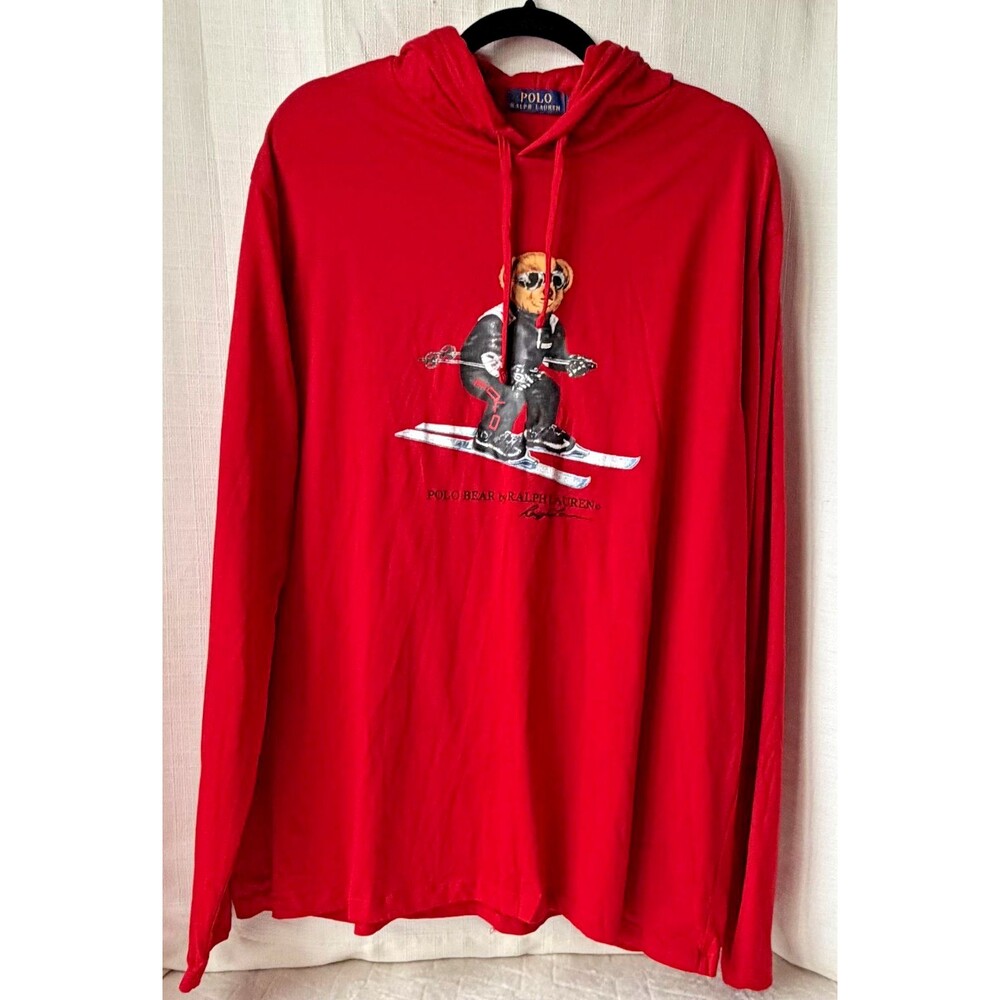 Polo Ralph Lauren Polo Bear Ski Hoodie Mens XL Red Skiing Graphic Lightweight